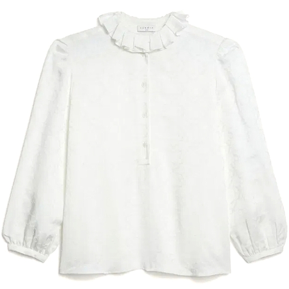 Sandro Tops - Sandro Jacquard Blouse Double S Logo Pleated Collar Puff Sleeves White 2 Medium